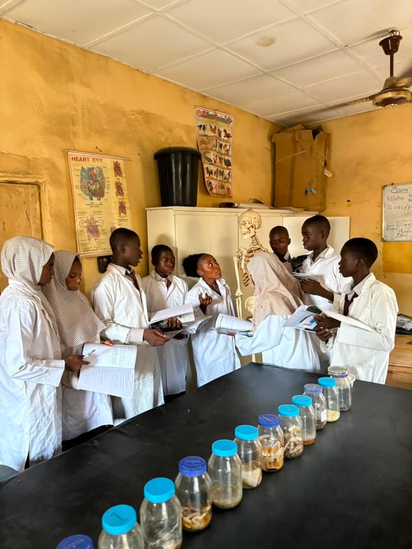Students reviewing specimen jars in the biology lab